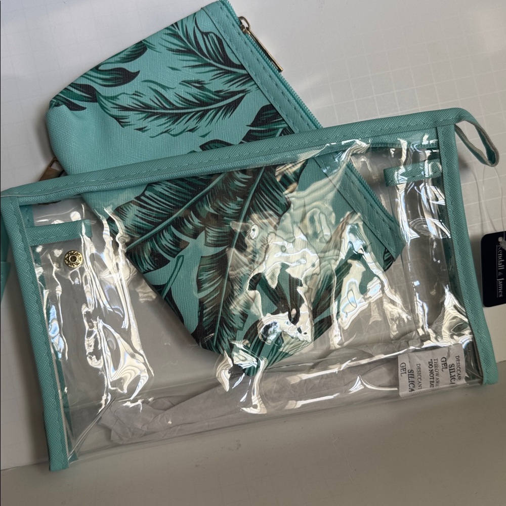 Aqua Tropical Print and clear, travel makeup and toiletry cases. NWT